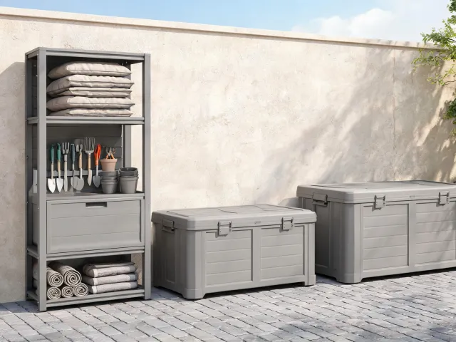 Outdoor storage boxes and shelves
