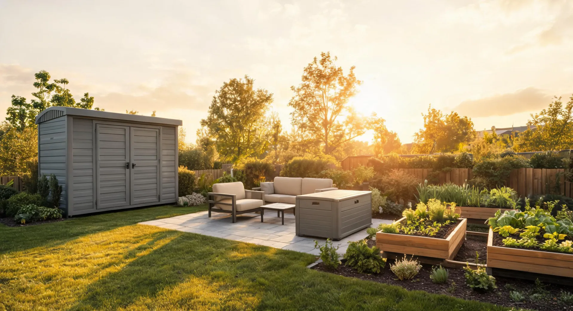 Keter outdoor storage and patio products in a landscaped backyard